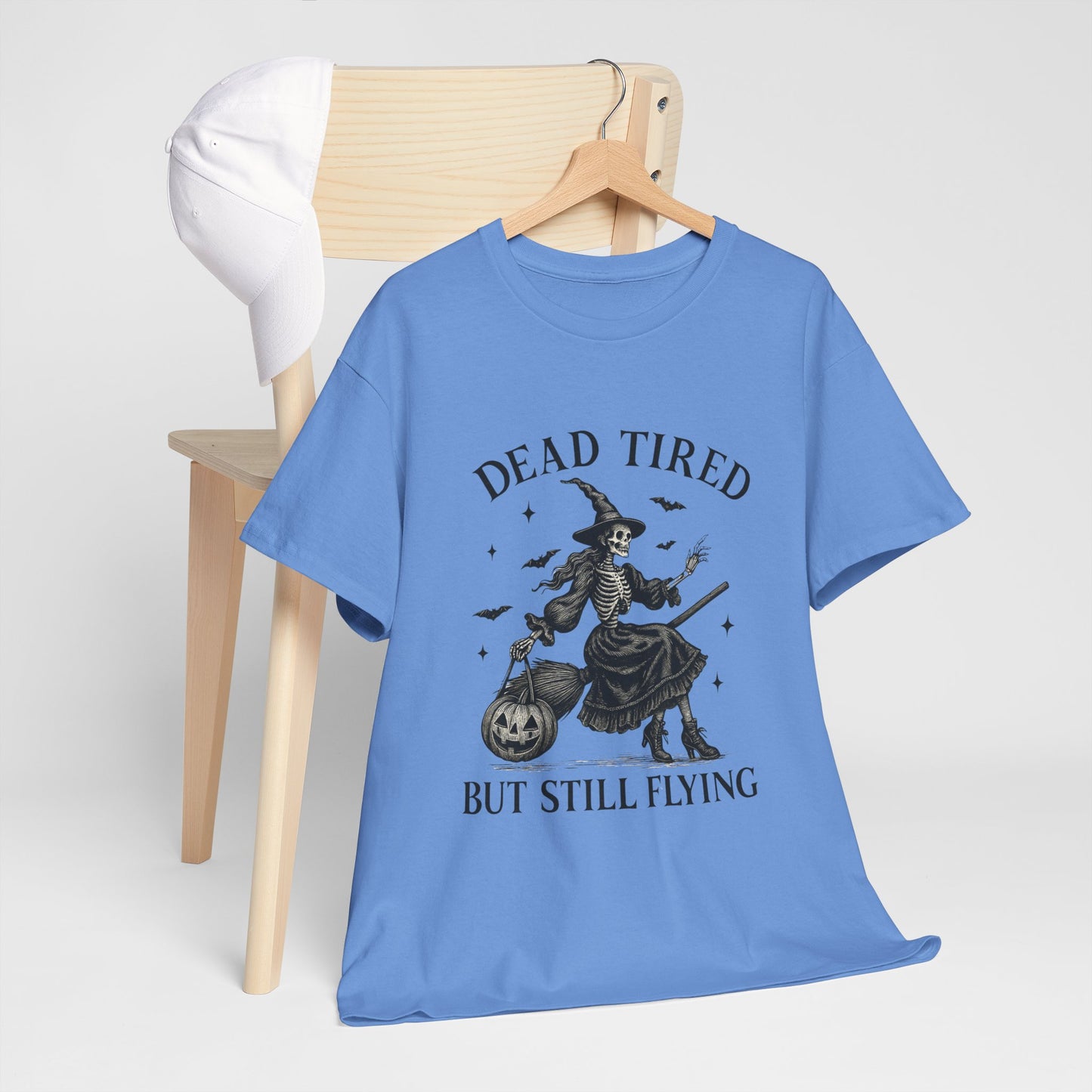 Dead Tired But Flying Skeleton Witch Halloween Tee