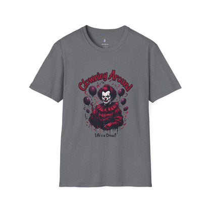Creepy Clown Graphic Tee, Unisex Softstyle T-Shirt, Halloween Costume, Spooky Shirt, Eerie Apparel, Perfect for Horror Lovers