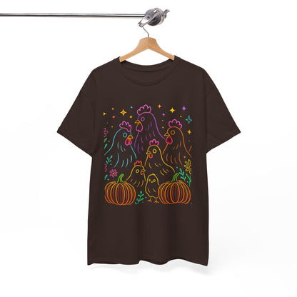 🌻 Autumn Chickens & Pumpkins Tee – Colorful Farm Harvest Shirt