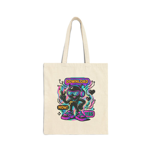 Retro Cyber Mascot Tote Bag — "Download Now! Yes!" Neon Gamer Canvas Tote