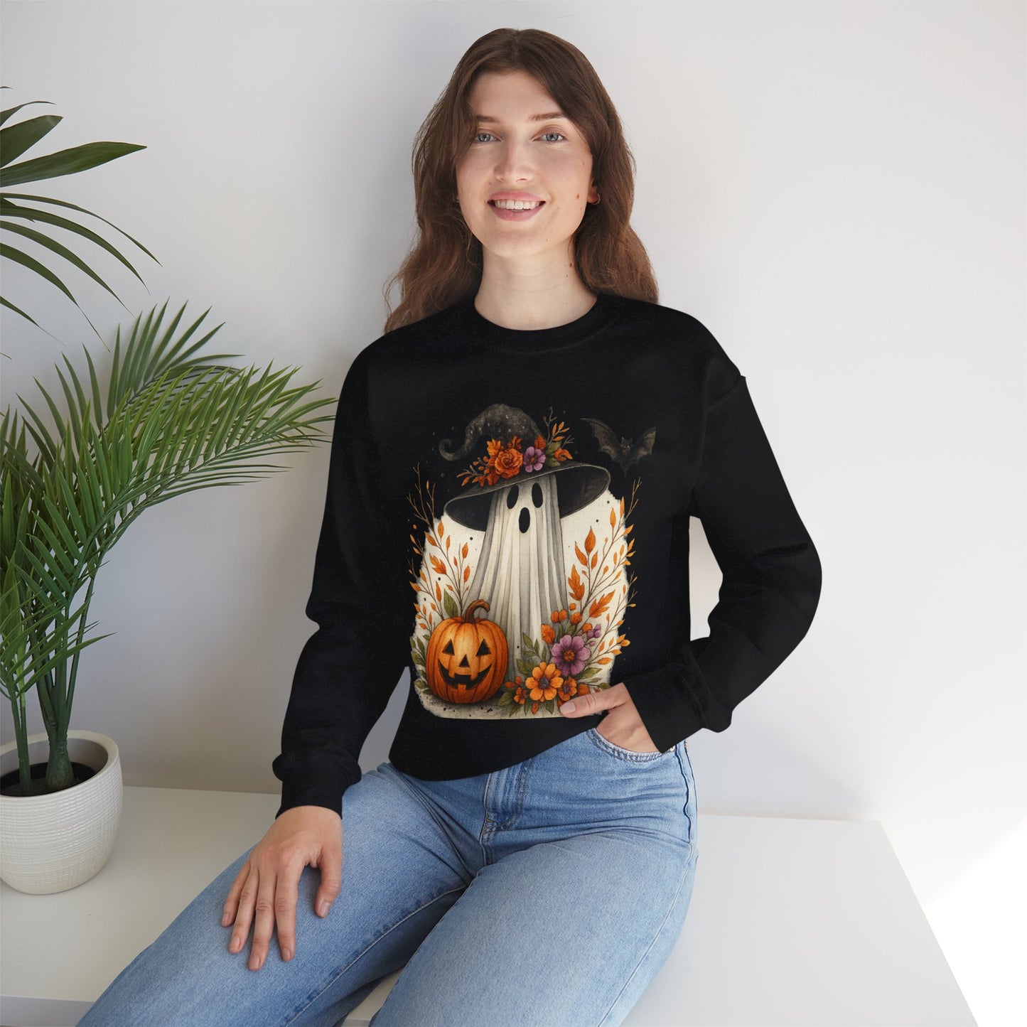 Halloween Ghost Crewneck Sweatshirt, Cozy Fall Apparel, Cute Ghost Design, Pumpkin Sweatshirt, Unisex Halloween Gift