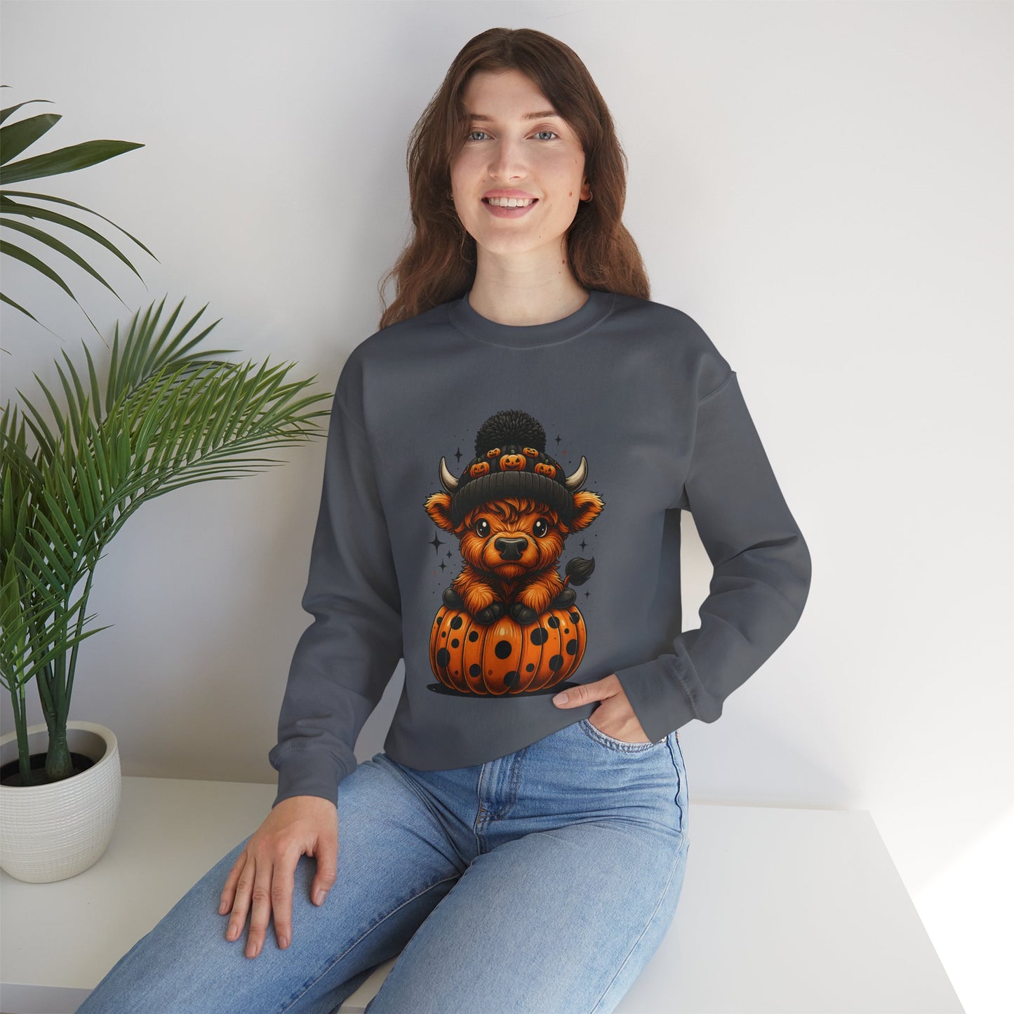 Halloween Cow Calf in Pumpkin Crewneck Sweatshirt