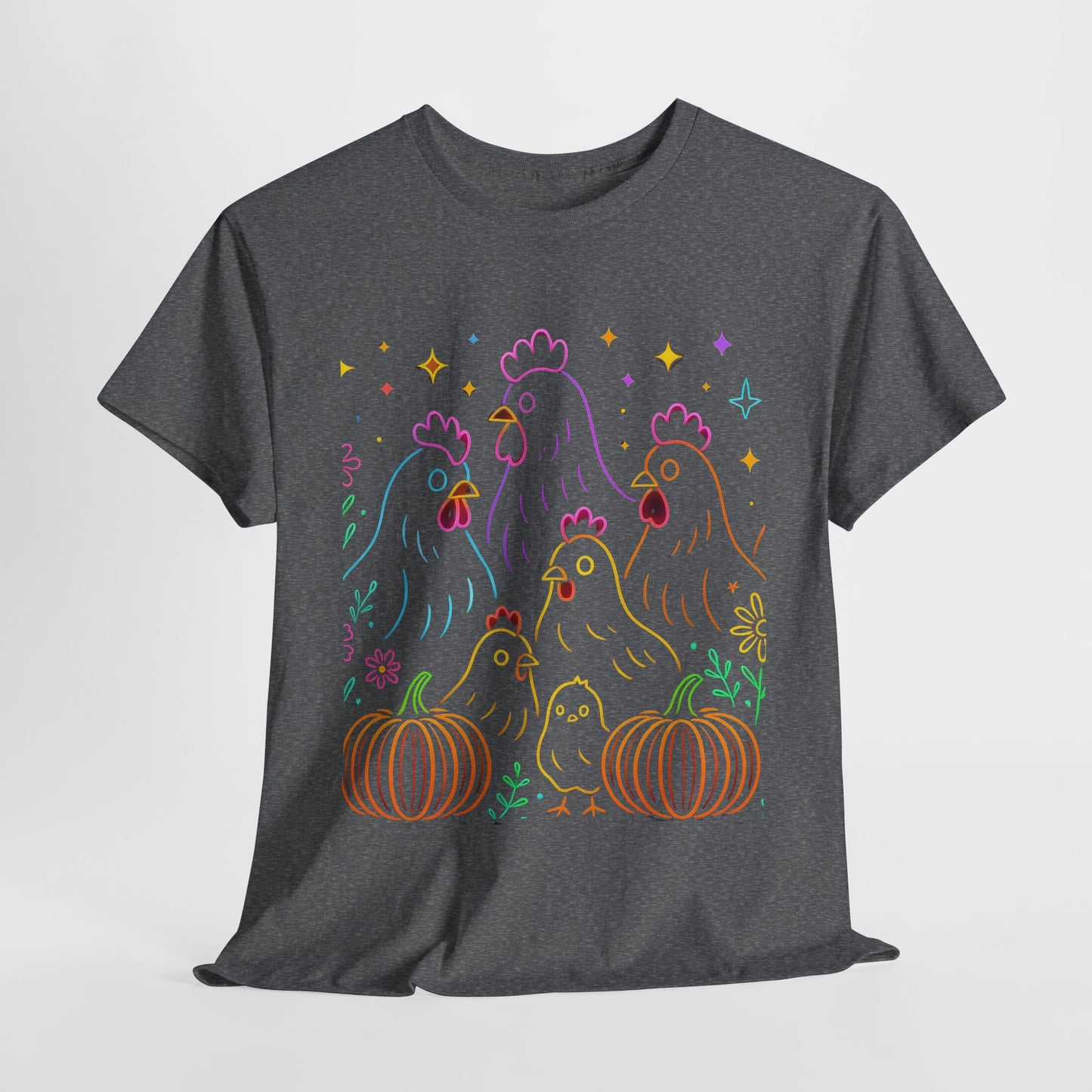 🌻 Autumn Chickens & Pumpkins Tee – Colorful Farm Harvest Shirt