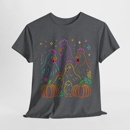 🌻 Autumn Chickens & Pumpkins Tee – Colorful Farm Harvest Shirt