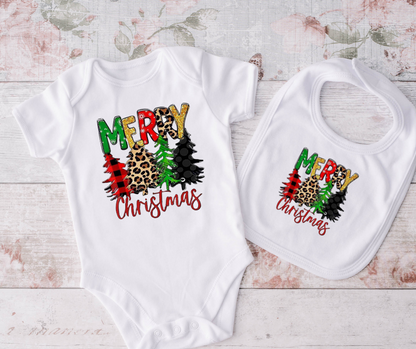 Merry Christmas Tree 2 Onesie and Bib Set