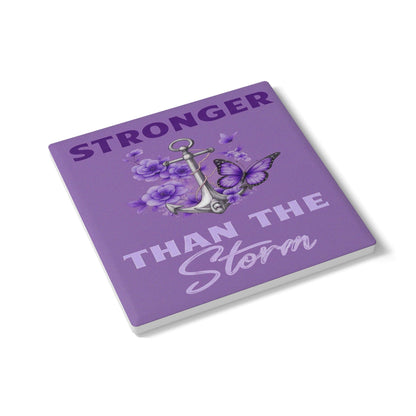Stronger Than the Storm Square Ceramic Coaster Set – Purple Anchor & Butterfly Design