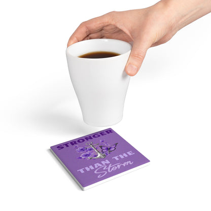 Stronger Than the Storm Square Ceramic Coaster Set – Purple Anchor & Butterfly Design