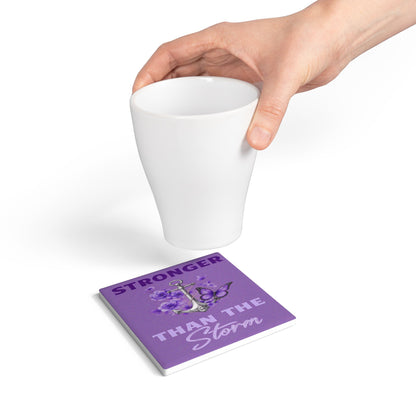 Stronger Than the Storm Square Ceramic Coaster Set – Purple Anchor & Butterfly Design
