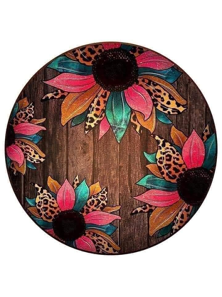 Pink, Teal, And Leopard Sunflowers Round Ceramic Coaster Set