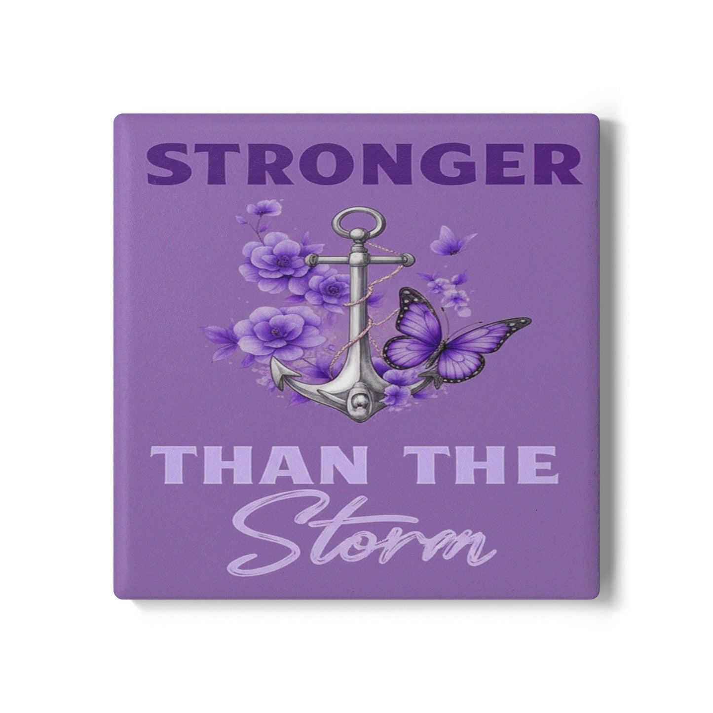 Stronger Than the Storm Square Ceramic Coaster Set – Purple Anchor & Butterfly Design