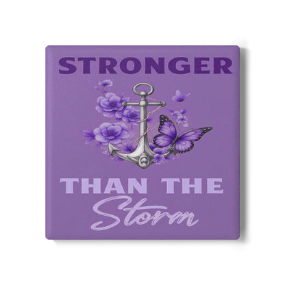 Stronger Than the Storm Square Ceramic Coaster Set – Purple Anchor & Butterfly Design