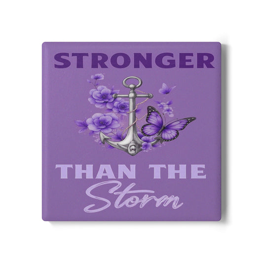 Stronger Than the Storm Square Ceramic Coaster Set – Purple Anchor & Butterfly Design